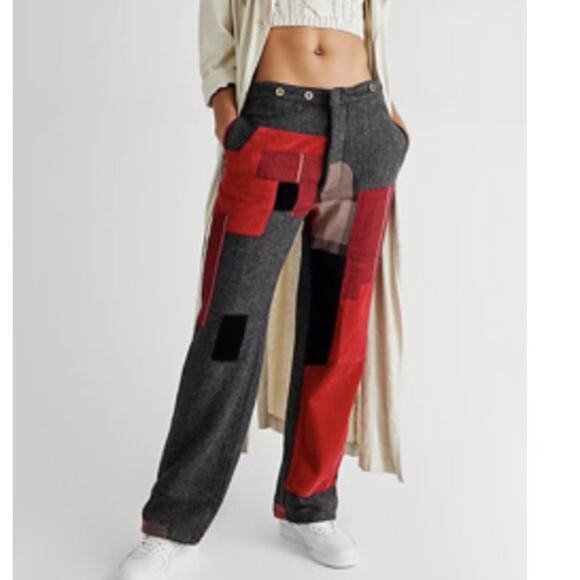 NEW Free People Sandrine Rose Reclaimed Women's Patchwork Pants 30 Red Gray - Picture 7 of 7